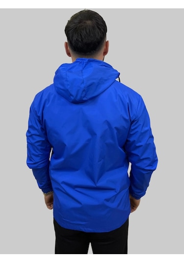 Erkek Kapüşonlu File Detaylı Saks Mavisi Yağmurluk Saks Mavisi Saks
