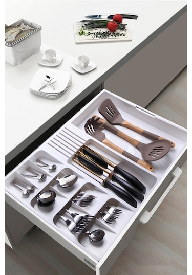 Nandy Home Maxi Ayarlanabilir Kayar Kızaklı Çekmece Içi Bıçaklık & Kaşıklık Beyaz