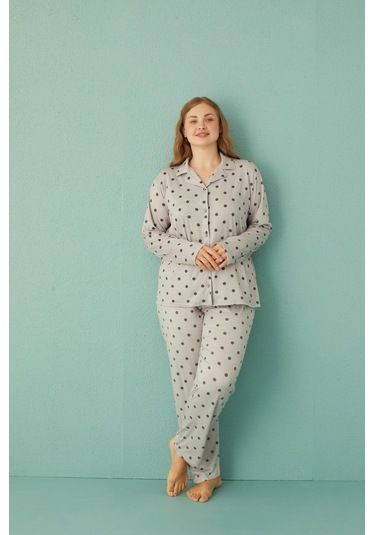 Kadın 50801-116 Büyük Beden Önü Düğmeli Pijama Takımı Gri Gri