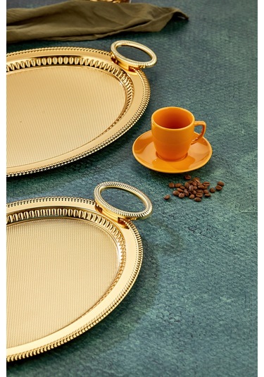 Cooker 2'li Özel Seri Oval Model Lüx Metal Çay Sunum, Nişan Tepsisi 37x28 Ve 44x33 Cm Altın
