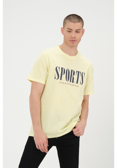 Erkek Sarı Basic T-shirt Baskılı Slim Fit %100 Pamuk Tişört Sarı