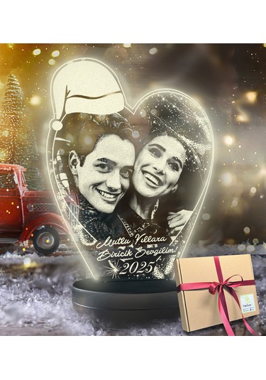 Yılbaşı Hediyesi Kişiye Özel Noel Baba Şapkalı Kalp 3d Led Gece L