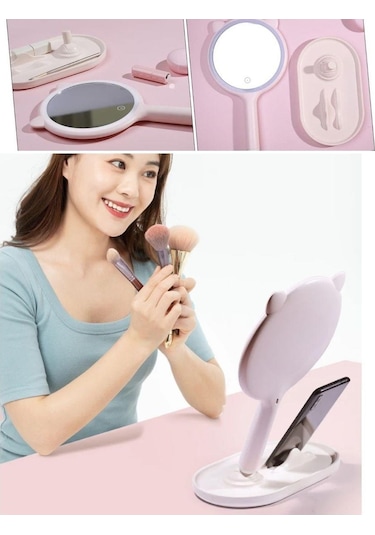 Kedi Kulaklı Telefon Standlı Yuvarlak Dokunmatik Led Ayarlı Masa Çok Renkli