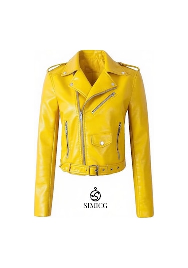 Kadınlar İçin Eğik Fermuarlı Günlük Kısa Deri Ceket Sarısarı