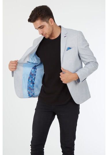 Sposo 5123 Dar Kalıp Keten Buz Mavisi Erkek Blazer Ceket Mavi
