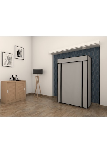 Gri Tek Yandan Raflı Bez Dolap Gardrop