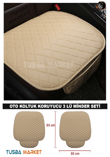 Araç Oto Koltuk Koruyucu Cepli Üçlü Minder Seti I Lüks Kapitone Deri Ön-arka Bej Oto Koltuk Minder