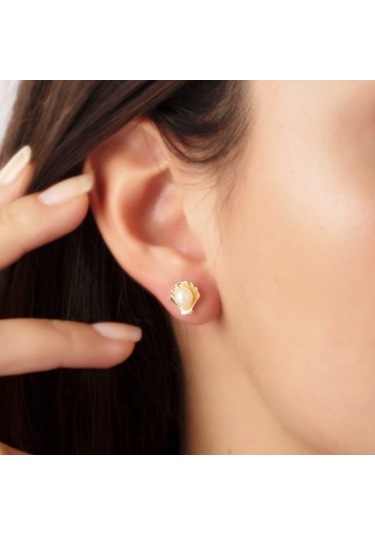 İstiridye İncili Altın Küpe Çivili 14K Gold