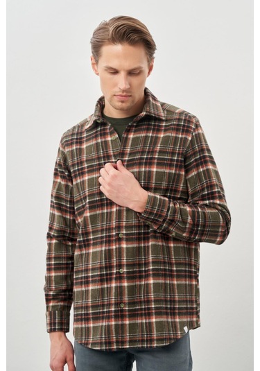 Haki Yünlü Ekose Desen Yumuşak Yaka Cepsiz Uzun Kol Casual Comfort Fit Gömlek 1004245227 Haki