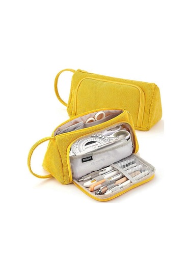 Sarı Kadife Kalem Kutusu 3 Bölmeli, Büyük Kapasiteli Kalem Kutusu, Büyük Kalem Kutusu, Büyük Kalem Kutusu Çok Renkli