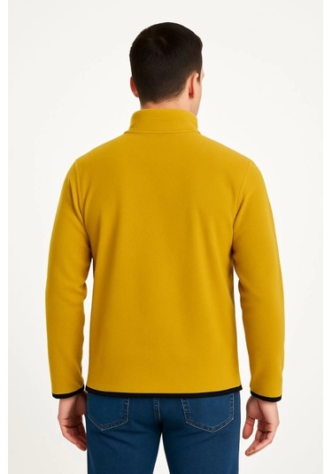 Erkek Polar Kazak Dik Yaka, Yarım Fermuarlı, Fermuarlı Göğüs Cepli, Siyah Biyeli, Kışlık Rahat Regular Fit Günlük Model - Sarı Sarı