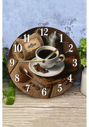 Zamanın Klasik Lezzeti Kahve Temalı Sessiz Yuvarlak Ahşap Duvar Saati, Kuvars Coffe 2d Sdw2012 Renkli