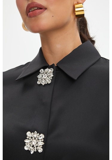 Kadın Taş Düğme Detaylı Gömlek - Siyah