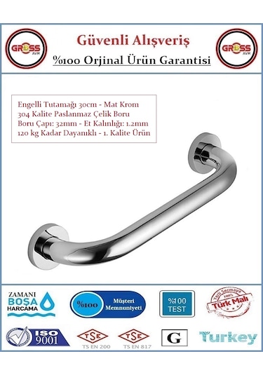 Engelli Tutunma Barı - Bedensel Engelli Küvet Tutunma Barı - 30cm
