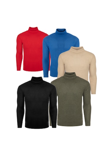 Ribac Boğazlı Balıkçı Triko Erkek Kazak 5'li Paket - Siyah-Beyaz-Bordo-Haki-İndigo Çok Renkli