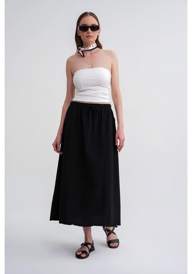 4633 Kadın Yandan Cepli Parçalı Etek Siyah Siyah