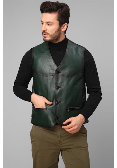 Dericlub 2245 Hakiki Deri Erkek Yelek Yeşil