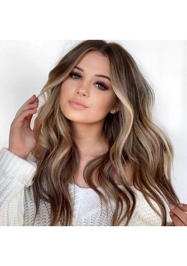 Cbtx A557 Kadınlar Orta Nokta Büyük Dalga Keten Kahverengi Karışık Renkli Uzun Kıvırcık Peruk