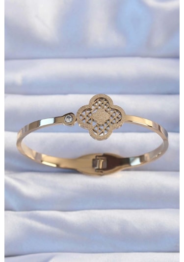 316l Çelik Altın Renk Zirkon Taşlı Simli Yonca Kelepçe