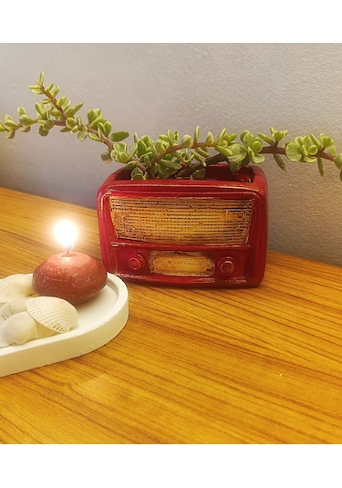 Artepieza Retro Radyo Sukulent Saksısı Ve Kalemlik - Masaüstü Dekoratif Organizer Kırmızı 12 8 12cm