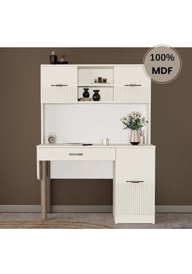 Menekşe Mdf Kitaplıklı Dolaplı Çalışma Masası Krem