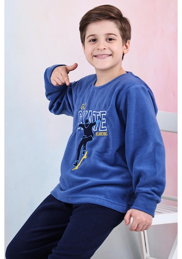 Yeni Sezon Sonbahar/kış Erkek Çocuk Skate Desenli Polar Pijama Takımı 4515 Mavi