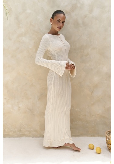 Matias Sırt Dekolteli Ekru Triko Uzun Elbise Ekru