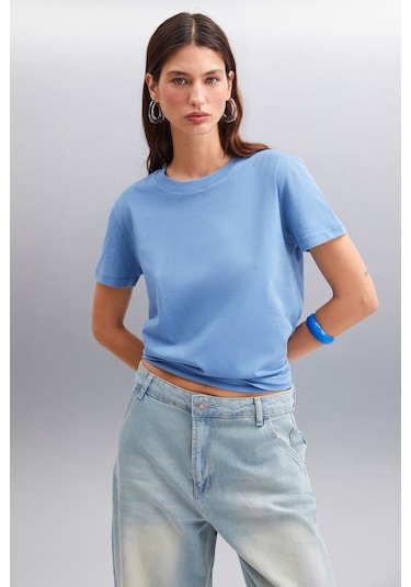 Samantha Kadın %100 Organik Pamuklu Comfort Fit Arkası Uzun Basic Örme Indigo T-shirt