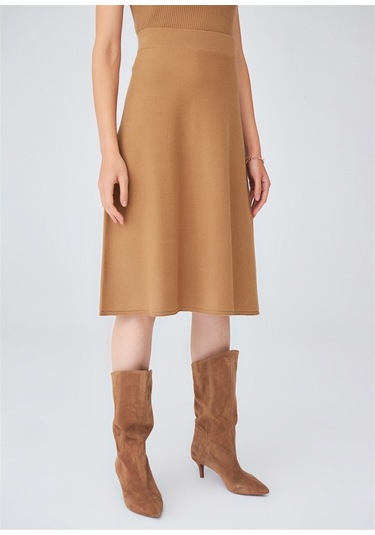 Peraluna Kloş Kesim Kaşmir Karışım Diz Altı Triko Etek Camel Camel
