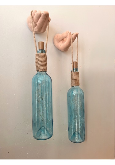 El Figürlü Duvar Lambası Pilli Led Işıklı Dekoratif Mavi Boyalı Cam Şişe Aydınlatma Vintage El Y Mavi