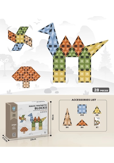 Karton Kutulu Doğal Renkler Magnetic Yapı Blokları 3d Puzzle 28 Parça 6.5 Cm