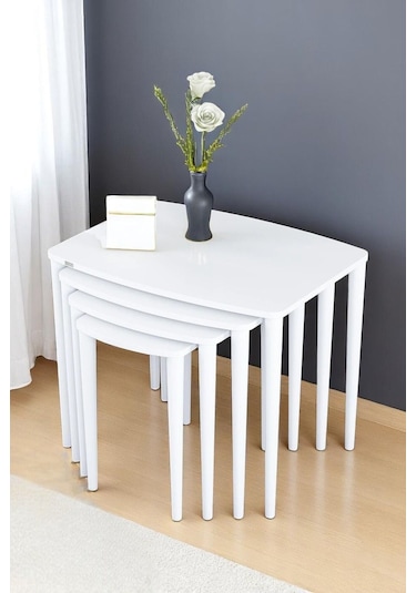 Terra Beyaz 1. Sınıf Yüksek Kaliteli 4 Lü Zigon Sehpa Takımı Beyaz Tabla Beyaz Ayak