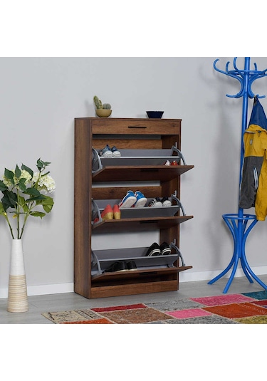 Flat Düşer Kapaklı Çekmeceli Ayakkabılık-Oslo Ceviz