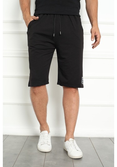 Erkek Şort Bermuda Kurt Armalı Beli Bağcıklı İpli Cepli Büyük Beden Geniş Beden Aralığı Siyah Nıc1067 R19 Siyah