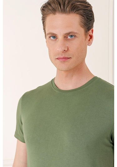 Slim Fit Bisiklet Yaka Düz Pamuklu Haki Tişört Ts 823 Haki