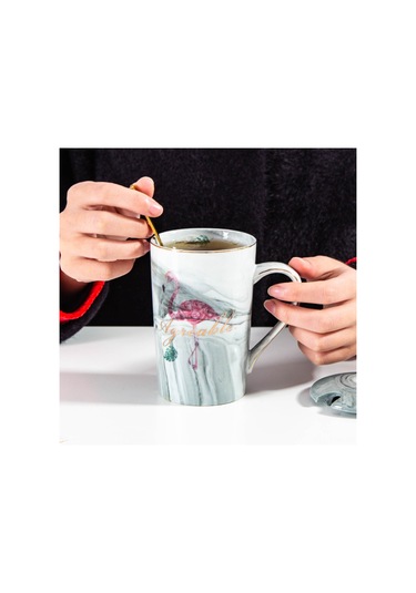 Tenfowee Ev Kullanıma Uygun Nikah/yıl Dönümü Hediyesi 2'li Seri: Siyah Ve Pembe Harf Desenli Seramik Bardak, Kapak Ve Kaşık İçeren Sürekli Kullanılabilir Set Gri