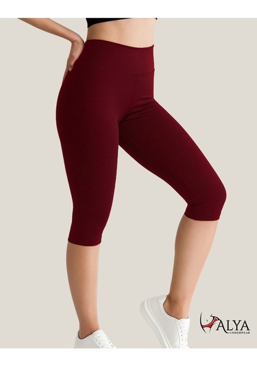 Diz Altı Kapri Tayt Yüksek Bel Likralı Parlak Dalgıç Kumaş, Antrasit Füme Bordo