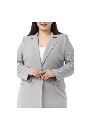 Büyük Beden Çizgili Gri Ceket Pantolon İkili Takım Gri