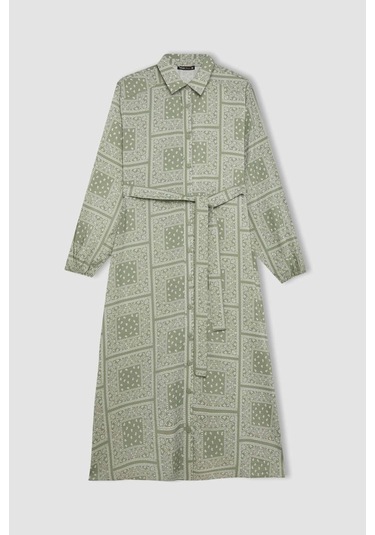 Defacto Gömlek Yaka Desenli Aerobin Uzun Kollu Kuşaklı Midi Elbise C2501AX24SMKH271