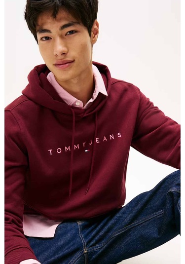 Erkek Tjm Regular Linear Logo Kapüşonlu Sweatshirt - Bordo Red Wine