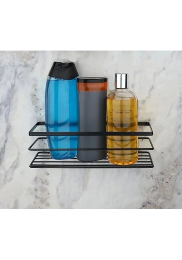 Banyo Köşe Rafı Lamalı Tek Katlı Siyah Şampuanlık Hem Vidalı Hem Yapışkan Stickerlı Çok Renkli