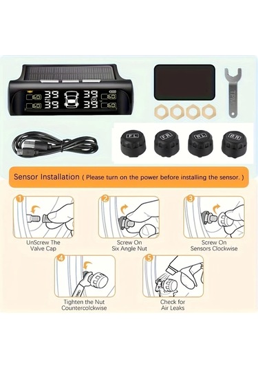 Boatshop1 Ty01 Kablosuz Lastik Basınç İzleme Sistemi Usb Şarjlı Güneş Enerjili Tpms 4 Sensörlü Gerçek Zamanlı Basınç Sıcaklık Suv Mpv Pickup Orv İçin