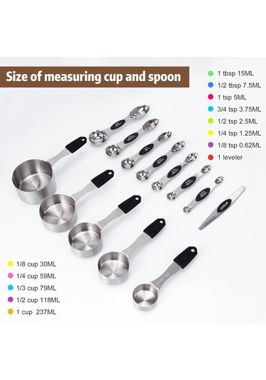 Gajeena Magnetik Paslanmaz Çelik Ölçü Kupa Ve Kaşık Seti 5 Kupa + 8 Çift Taraflı Kaşık + Düzeltici - 13 Parça Tam Ölçüm Aleti Gümüş