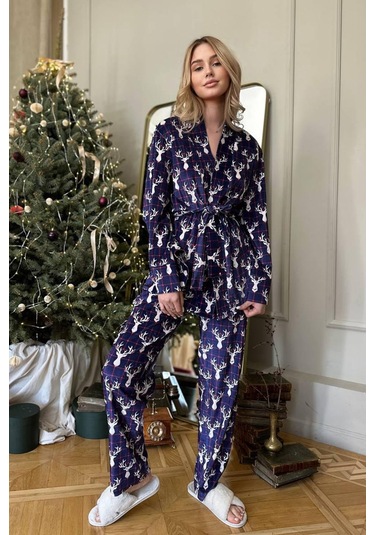 Mor Zemin Beyaz Geyik Kadife İkili Takım Xl Mor - Beyaz