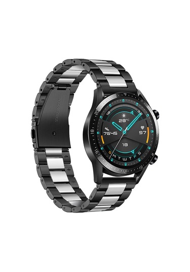 Springsun Huawei Watch Gt2 46mm, Honor Magic Watch 2/1 46mm Uyumlu 22mm Paslanmaz Çelik Üç Pırlanta Kordon - Orta Gümüş, Kenar Siyah