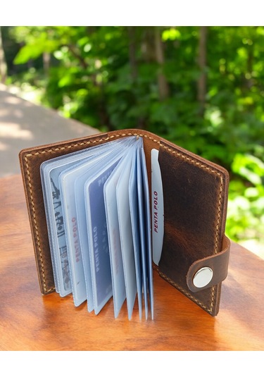 Cronder Hakiki Deri Şeffaf Bölmeli Kartlık Cüzdan Kahverengi