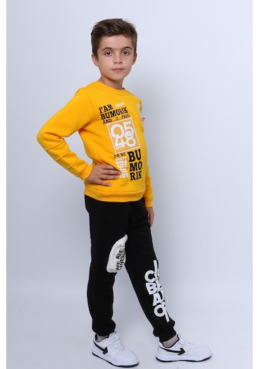 Erkek Çocuk 3 İplik Eşofman Takımı Baskılı Cep Detaylı D33 Sarı