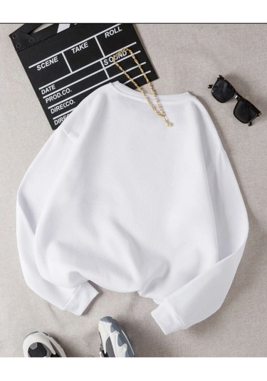 Baskısız Düz Sweatshirt - Beyaz Kalın Kışlık Şardonlu Uzun Kol Oversize Bisiklet Yaka Beyaz