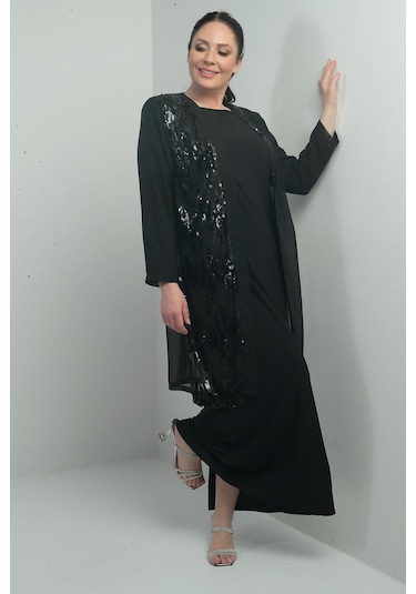 Kadın Önü Pulpayet Şifon Ceket Astarlı Kollu Sandy Uzun Elbise Büyük Beden 2'li Takım-40863 Siyah