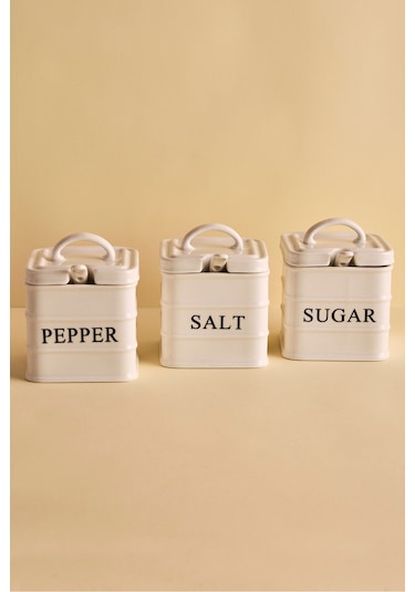 Bianca 3'lü Beyaz Kulplu Porselen Kare Baharatlık Takımı Beyaz Beyaz